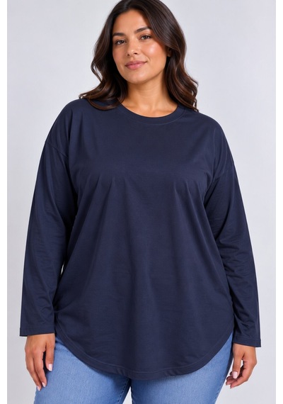 Superlife Süperlife Kadın Büyük Beden Bisiklet Yaka Süprem İnce Uzun Kollu Oval Etek Uçlu Tunik Tişört Spr26btk992 Navy