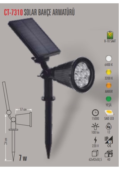 Ct-7310 7W Solar Bahçe Armatürü Beyaz Cata
