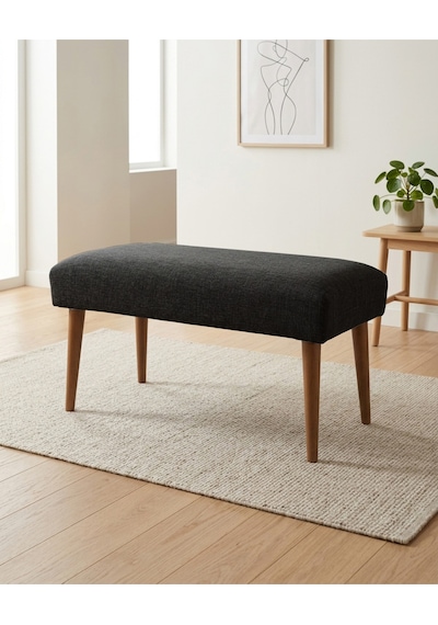 Koyu Gri Keten Kumaş Bench Puf 90x45x46 Cm Ahşap Ceviz Ayaklı Demonte Modern Yatak Ucu Bench Oturma Bankı Antre Koridor Pufu