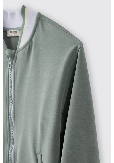 Panço Kız Çocuk Kolej Yaka Yakası Çizgili Fermuarlı Yeşil Sweatshirt