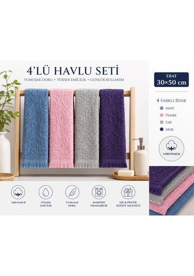 Pamuklu Mutfak Havlusu 4'lü Set 30x50 Cm El Ve Kurulama Havlusu Yumuşak Emici Çok Amaçlı Mavi