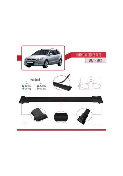Hyundai İ30 Estate 2007-2012 Arası İle Uyumlu Fly Model Ara Atkı Tavan Barı Siyah 3 Adet Bar