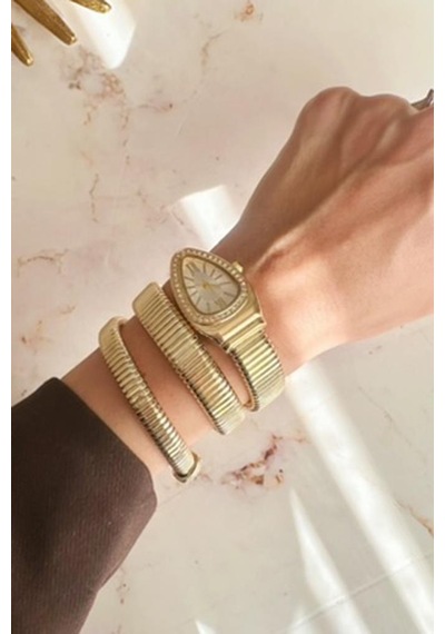 Kora Taşlı Gri Kadran Gold Kordon Yılan Model Kadın Kol Saati Altın