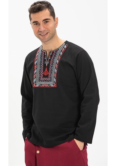 Uzun Kol Şile Bezi Bisiklet Yaka Bahriyeli Erkek T-Shirt Siyah 30