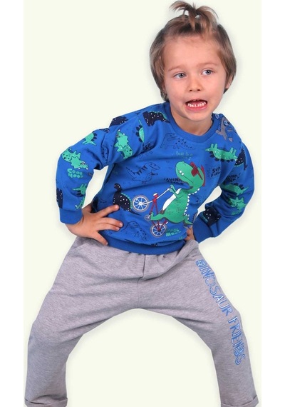 Breeze Erkek Bebek Eşofman Takımı Dinozor Baskılı Mavi (9 Ay-1.5 Yaş)
