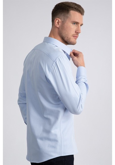 Tudors Modern Slim Fit Uzun Kollu Pamuklu Kolay Ütü Armürlü Erkek Mavi Gömlek-22502 Mavi