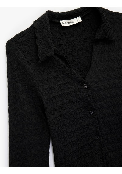 Koton Slim Fit Uzun Kollu Düğmeli Dokulu Klasik Yaka Bluz Siyah 6sal10137ık Siyah