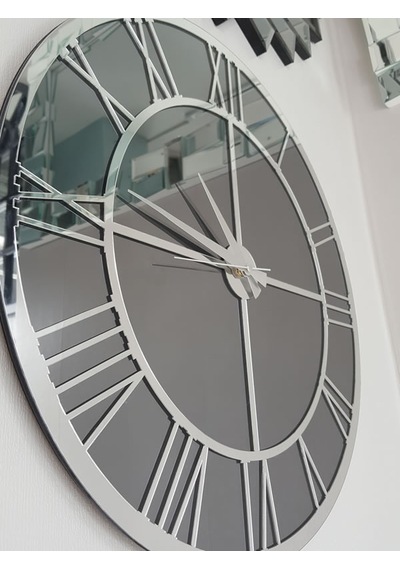 Ayna Denizi Silver Smoked Model Gümüş Füme Renk 50 CM Dekoratif Aynalı Duvar Saati Gümüş