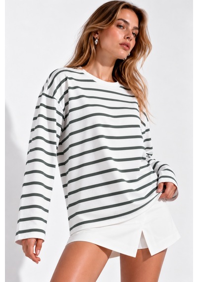 Wild Bee Kadın Mint Beyaz Çizgili Pamuklu Bisiklet Yaka Oversize Bluz Mint Yeşili