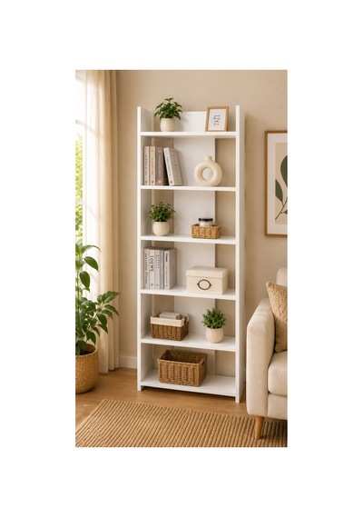 5 Raflı Modern Beyaz Kitaplık Çok Amaçlı Dekoratif Raf Ünitesi 160x64x29,5 Cm Beyaz Beyaz