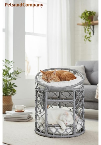 Lüks İki Katlı Kedi Evi, El Yapımı Özel Tasarım Örgü Kedi Yatağı, Modern Kedi Kulübesi Gri