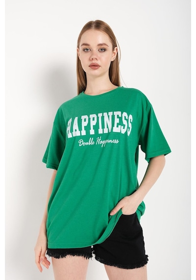 Flood Of Style Kadın Yeşil Happıness Baskılı Oversize Tshirt