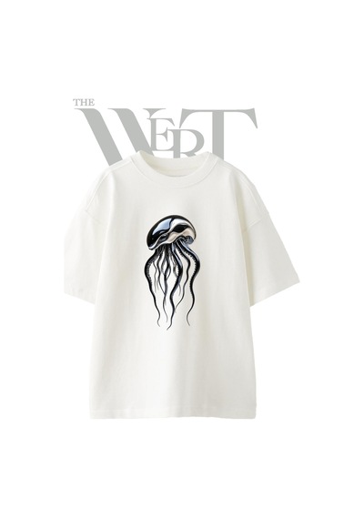 Thewert Chrome Jellyfish Tasarım Baskılı Ünisex Beyaz Oversize T-shirt