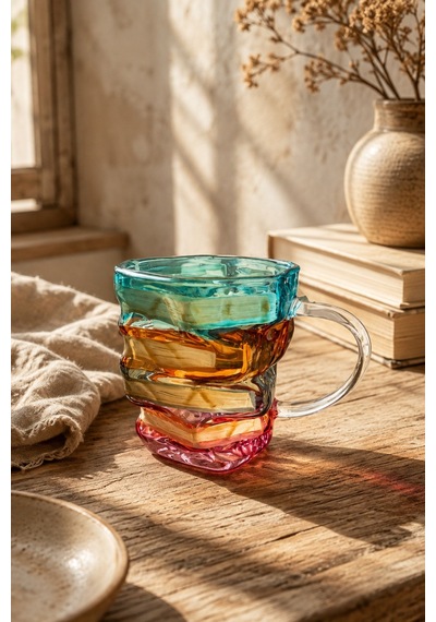 2'li Kitap Tasarımlı Renkli Borosilikat Cam Kupa 350 Ml 3 Boyutlu Kahve, Çay Ve Nescafe Bardağı