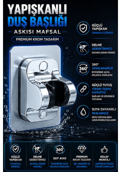 Ymv Yapışkanlı Duş Başlığı Askısı Mafsallı Ayarlanabilir Duş Tutacağı Delme Gerektirmeyen Güçlü Duvar Aparatı Beyaz