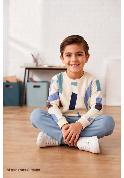 Pina Kids Erkek Çocuk Geometrik Desenli Okul Günlük Eşofman Takımı Esf7038 Mavi