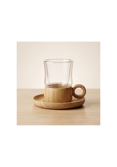 12 Parça Çay Seti - Bambu Bardak Altığı - Çift Cidarlı Cam - 150 Ml Çok Renkli