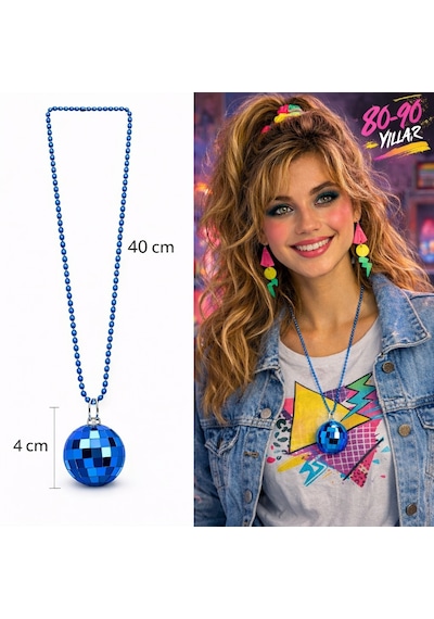 Retro Disko Topu Şekilli 80&amp Apos Ler 90&amp Apos Lar Mavi Renk Plastik Kolye 4801