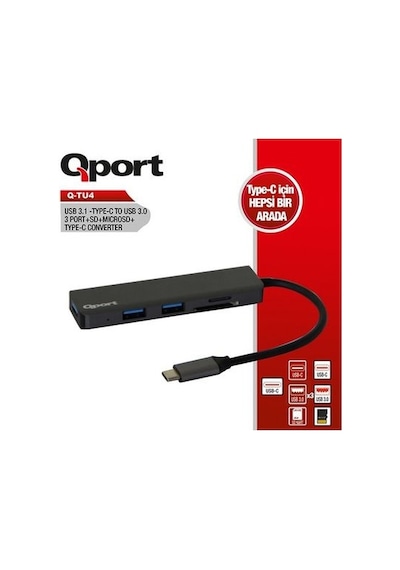 Qport Q Tu4 3Port Type-C Usb 3.0 Kart Okuyucu Siyah Usb Çoklayı