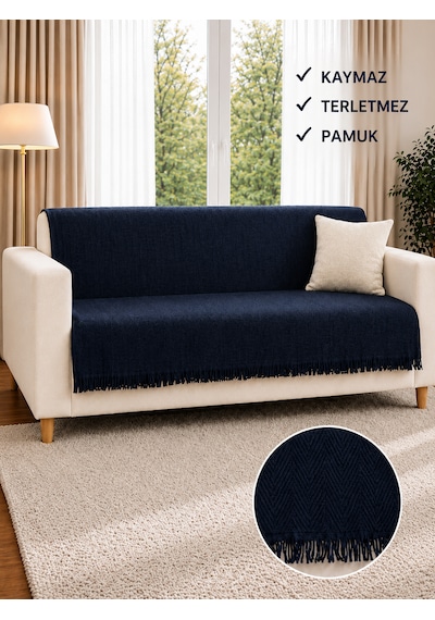 Sevhome Concept %100 Pamuk Kaymaz & Terletmez & Saçaklı & Yumuşak Koltuk Örtüsü-tek Ve Çift Kişilik Koltuklar İçin- 170 X 200 Cm Lacivert