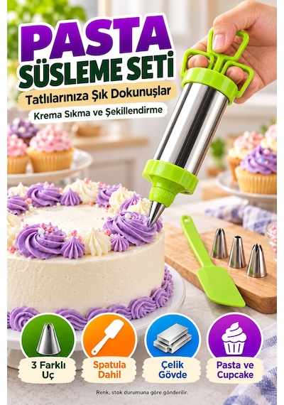 Pasta Süsleme Seti Krema Şırıngası Çelik Gövde Üç Uçlu Spatula Kek Cupcake Dekorasyon Mutfak Aparatı Çok Renkli