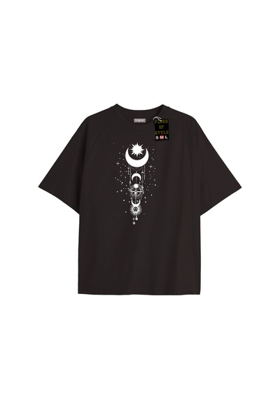 Flood Of Style Siyah Oversize T-shirt Ay Yıldız Minimal Özel Tasarım