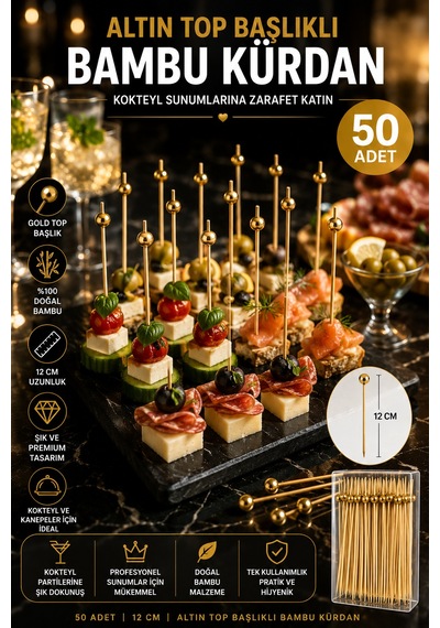 50 Li Altın Top Başlıklı 12 Cm Bambu Kürdan Seti Kokteyl, Tatlı Ve Davet Sunumları İçin Şık Seçim