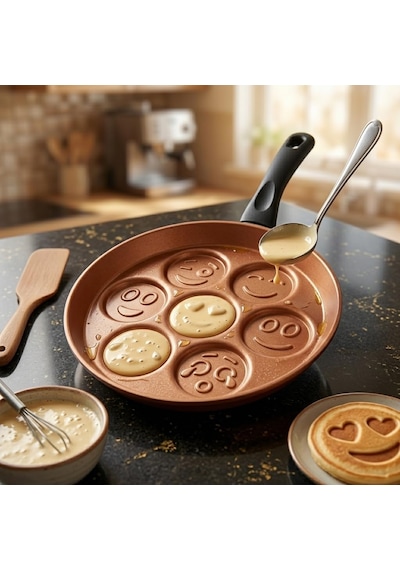 Papilla Redio Emoji Pankek Ve Yumurta Tavası - 7 Bölmeli Gülen Yüz Tasarımlı, Yanmaz Yapışmaz Krep Tavası 28 Cm Bronz Çok Renkli