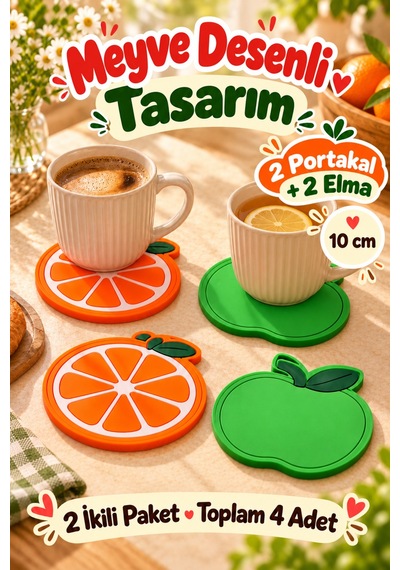 4'lü Portakal Elma Desenli Bardak Altlığı Seti 10 Cm Kahve Çay Fincan Altlığı Renkli Sunum Aksesuarı Çok Renkli