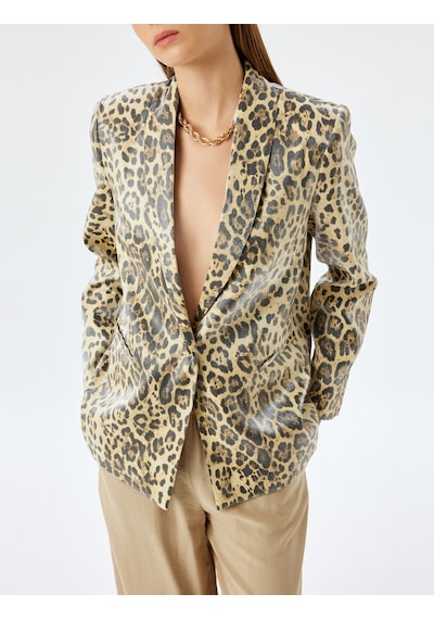 Koton Viskon Düğmeli Cepli Kruvaze Leopar Desenli Blazer Ceket Siyah Desenli 5wak50140uw Siyah