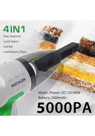 4 Fonksiyonlu Şarjlı Araç Süpürgesi Şişirme Pompası + Basınç Ölçer + Led Işık