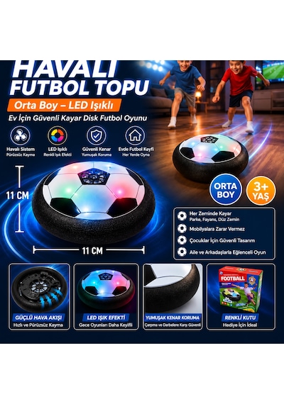 Havalı Futbol Topu Orta Boy 11 Cm Led Işıklı Ev İçin Güvenli Kayar Disk Futbol Oyunu