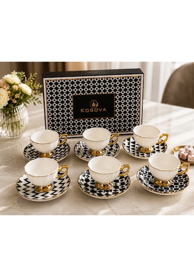 Premium Porselen 6 Kişilik Türk Kahvesi Fincan Takımı Gold Detaylı Modern Desenli Şık Hediye Seti Çok Renkli