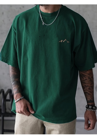 Unisex Dağ Baskılı Oversize Tshirt Yeşil