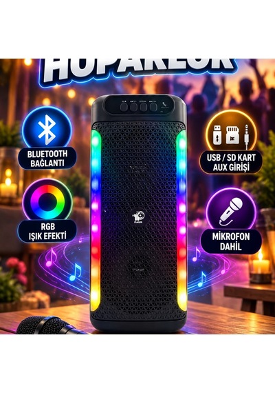 Rgb Işıklı Çift 4 İnç Hoparlörlü Şarjlı Bluetooth Hoparlör Usb, Sd Kart, Aux, Fm Radyo Ve Mikrofon