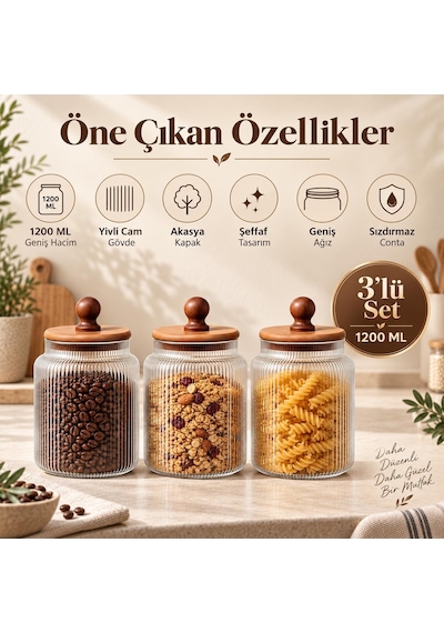 Tr 3'lü 1200 Ml Akasya Kapaklı Çizgili Cam Kavanoz Saklama Seti Diğer