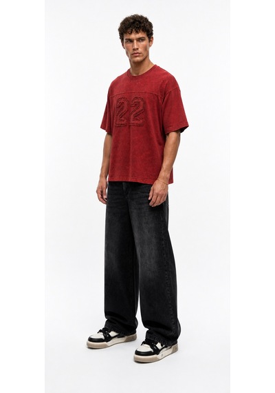 Respire Erkek 22 Nakışlı Yıkamalı Oversize T-shirt Bordo