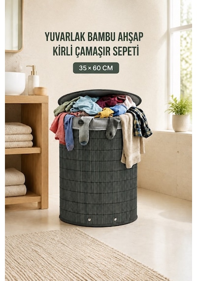 60 Litre Bambu Kirli Çamaşır Sepeti Modern Tasarım Çamaşır Sepeti Oyuncak Kutusu Gri