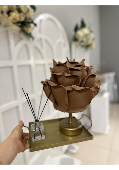 Dekor Yapay Eva Gül Kablosuz Masa Lambası Üst Kahverengi-alt Eskitme Gold 9v Pil 75-90 Saat