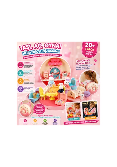 Taşınabilir Sırt Çantalı Tavşan Figürlü Mini Evcilik Oyun Seti - 895112729