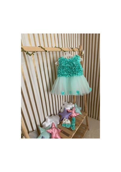 Hayy Baby Kıds Wear Su Yeşil Çiçekli Çocuk Tütü Elbise