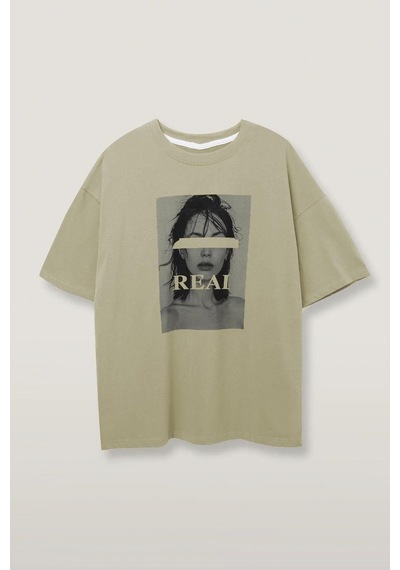 Madmext Bej Oversize Baskılı Kadın Tişört Mg1764-bej Bej