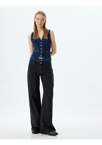 Koton Bol Kot Pantolon Çift Bel Detaylı Düğmeli Yıkamalı - Loose Straight Fit Jean Siyah 5wal40083md Siyah