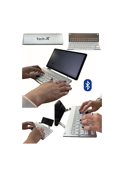 TECH-X Katlanabilir Win/Apple Uyumlu iOS/Android Bluetooth Klavye Telefon Tutucu + Özel Kılıf