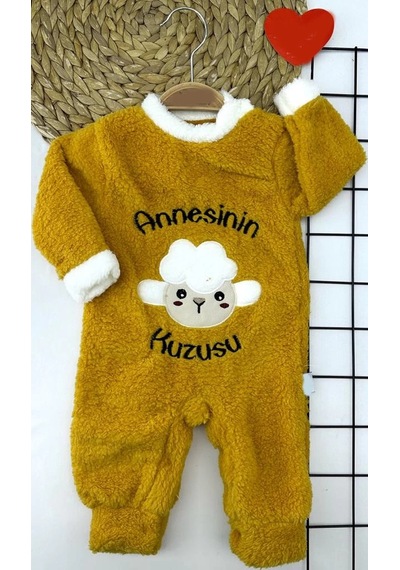 Veraura Lifestyle 3-6-9-12 Ay Kuzu Tüylü Kumaş Annesinin Kuzusu Nakışlı Alttan Çıtçıtlı Kız Erkek Bebek Tulumu Hardal