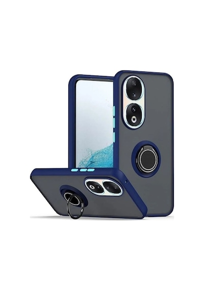 Honor 90 Yüzüklü Standlı Kılıf - Ultra Darbe Emici Silikon Kapak - Lacivert