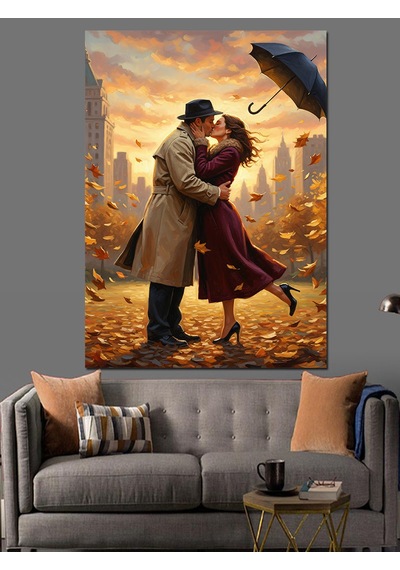 Ahşap Tablo Sonbahar Yaprakları Ve Romantik Çift