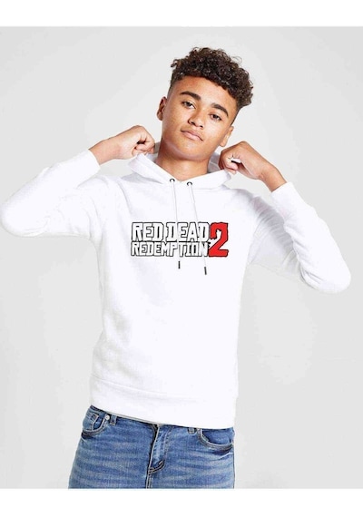 Tshirthane Red Dead Beyaz Logo Baskılı Unisex Çocuk Kapüşonlu Beyaz Sweat Beyaz