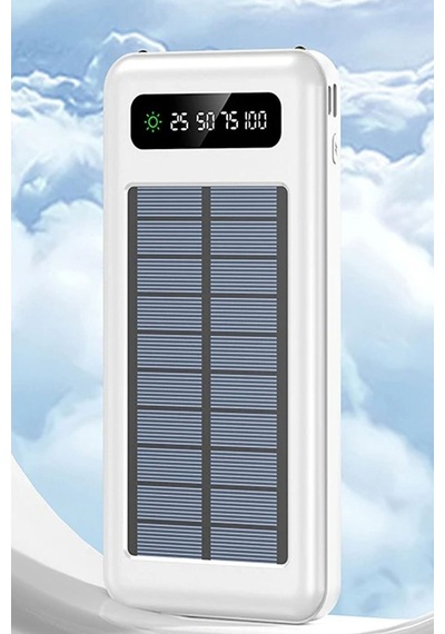 10000 Mah Powerbank Göstergeli Powerbank Solar Powerbank Güneş Enerjili Fenerli 4 Çıkışlı Beyaz