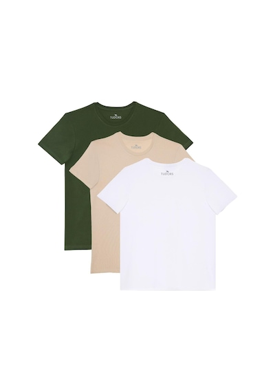 Tudors Unisex 3'lü Paket Haki-beyaz-vanilya Slim Fit Dar Kesim %100 Pamuk Bisiklet Yaka Tişört-37561 Multi